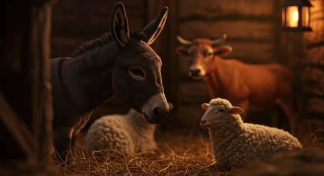 Donkey cow sheep in barn stable.