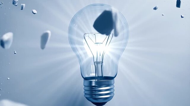 Shattered Bulb Radiating Bright Light on White Background