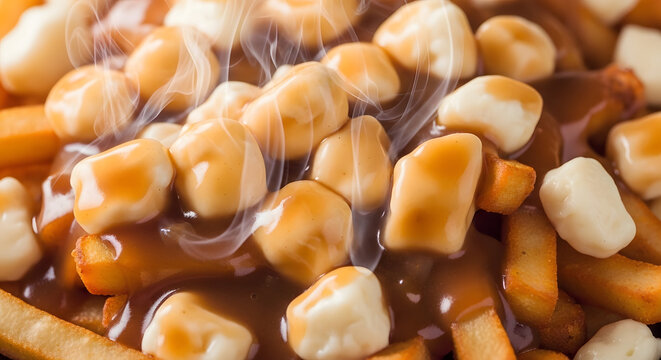 Close-up of delicious Canadian poutine with cheese curds and gravy, steaming.