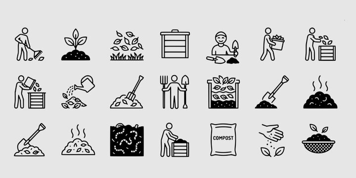 icon set collection of composting methods, organic waste decomposition, turning soil, leaf raking, and natural fertilizer production for sustainable urban gardening.