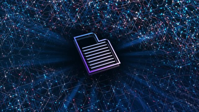 Digital File Data Network Concept glowing connections. Perfect for cloud storage visuals, document management promos, or cybersecurity themes floating file icon symbolizes secure data sharing.
