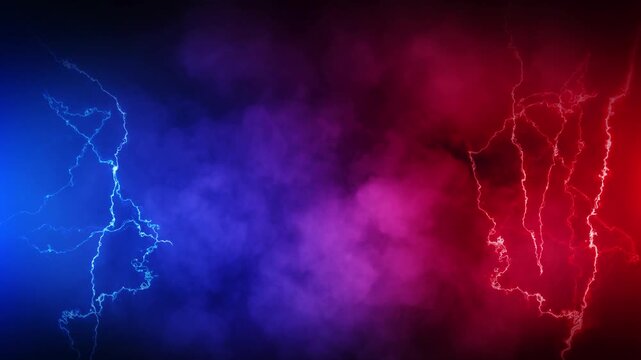 Abstract Blue Red Lightning Strikes in Dark Smoke Dramatic electrical discharge bolts clashing in a dense smoke background. for versus concepts, energy battles, or high-powered abstract backgrounds.