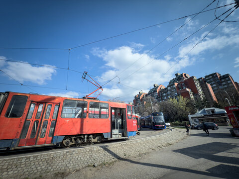 BELGRADE, SERBIA - MARCH 22, 2026: Belgrade trams wait for service at the Banjica terminal station, also called beogradski tramvaji, it's main transportation system operated by GSP beograd.