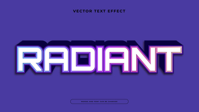 Futuristic radiant text effect with white face and purple neon borders casting a long dark shadow on a purple background
