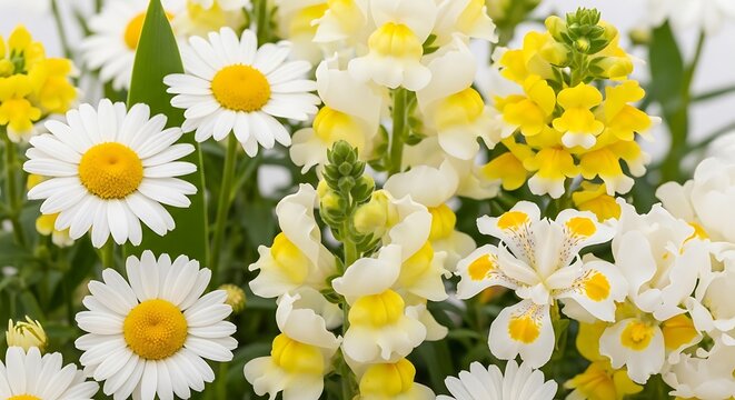 Close up of vibrant daisies and snapdragons in full bloom showcasing nature