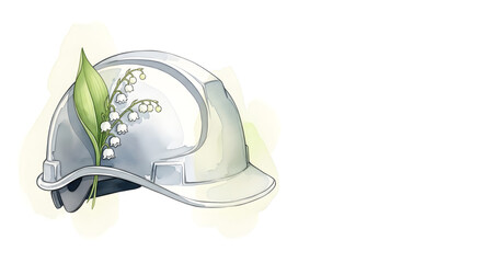 White construction hard hat with lily of the valley flowers