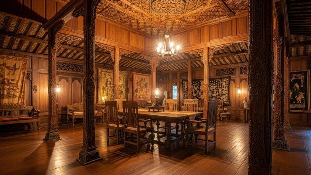 Traditional Javanese Joglo House Interior with Ornate Wooden Carvings and Warm Lighting.