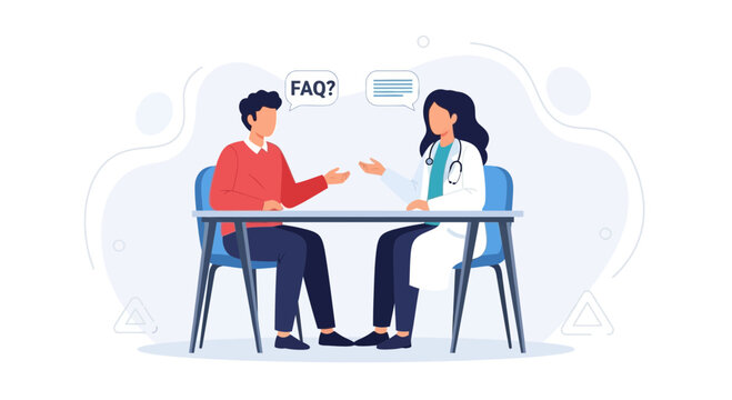 Doctor and patient discussing frequently asked questions at a desk