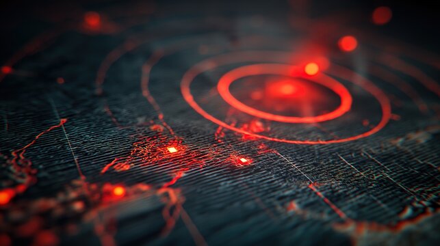 High-tech macro view of a digital map display featuring glowing red alert rings and target nodes, symbolizing geopolitical conflict zones, maritime security risks, and strategic global monitoring.