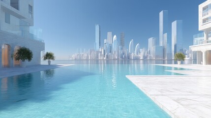 Fototapeta premium Luxury Pool with Urban Skyline in Background