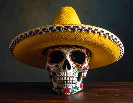 Festive sugar skull adorned with a vibrant sombrero for Day of the Dead celebration