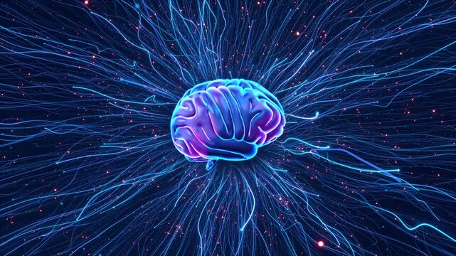 Digital Human Brain with Radiating Neural Network Fibers brain model data connections. for neurology research, artificial intelligence mental health technology visuals. medical tech backgrounds.