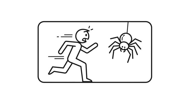 Scared Person Running Away from Hanging Spider, Fear of Spiders, Arachnophobia Concept