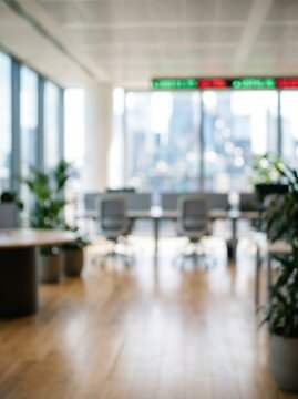 Modern office interior background with blurry stock market ticker display. Corporate finance workplace bokeh for business presentation backdrop.