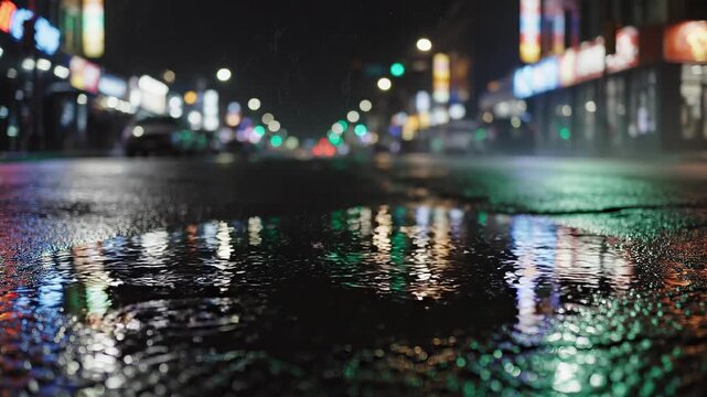 Rainy city street at night with blurred lights reflecting on wet pavement.