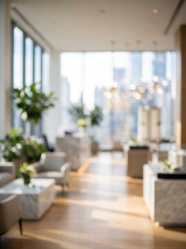 Modern office interior with soft bokeh and sunlight, blurry background for corporate presentations. Professional workspace environment with warm lighting for business backdrop.