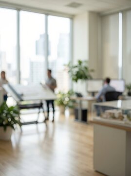 Blurry modern office interior with soft bokeh and corporate atmosphere. Professional workspace abstract background.