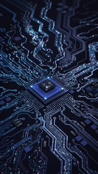Neon it processor hub dynamic circuit paths shimmering particles conveying high speed computation. for product promos, fintech visuals, broadcast openers, educational tech or UI motion backgrounds.