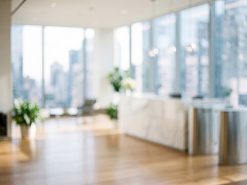 Blurry modern office lobby interior with large windows and natural light. Abstract corporate business architecture background.