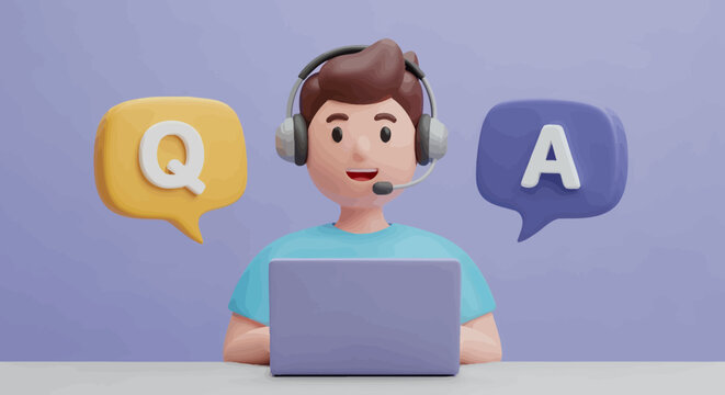 Illustration of a person using a laptop with Q and A chat bubbles in a modern digital setting.