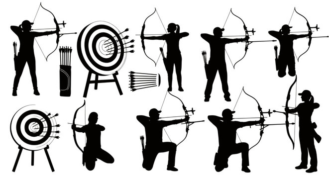 Group of archers practicing target shooting in a silhouette collage.