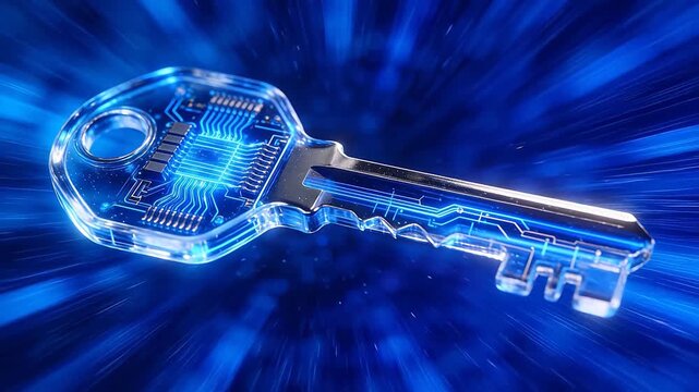 Transparent smart key with blue circuit patterns on purple gradient background