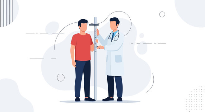 Doctor measuring patient's height with stadiometer, medical check-up, health examination