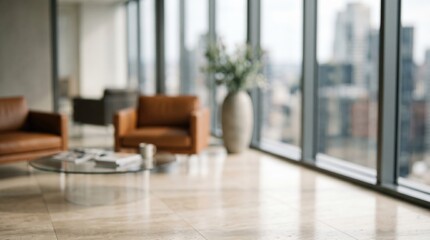 Fototapeta premium Blurry modern office interior with leather furniture and city view background. Professional corporate workspace backdrop for business presentations and web design.
