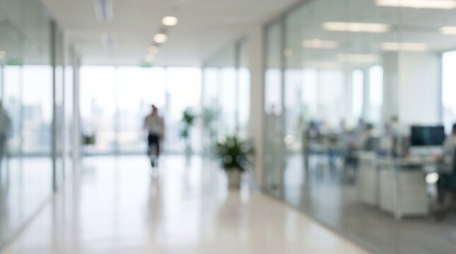 Modern office interior blurry background with glass partitions and bright natural light. Corporate workspace backdrop for professional website design.