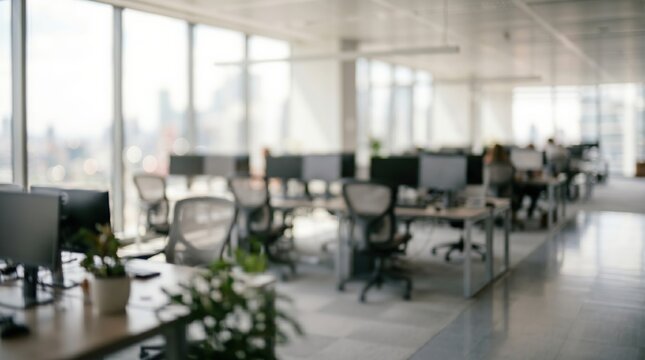 Blurred modern office interior with desks and computers, corporate workspace background. Professional business environment for website backdrop and marketing.