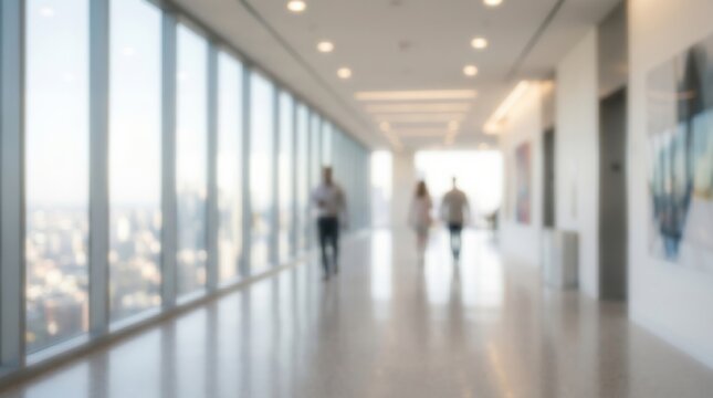 Blurry modern office interior with silhouettes of people and city view. Corporate background for business strategy.
