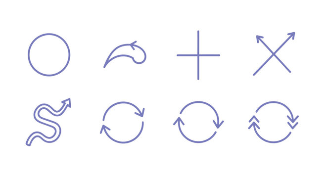 Set of simple vector line icons including circle, leaf, cross, arrows, and circular arrow motifs.