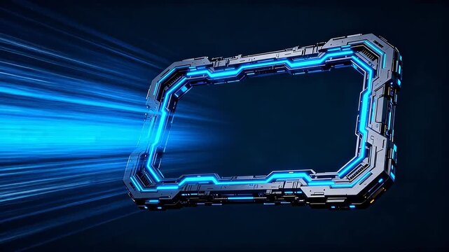 Sci-fi rectangular frame with neon lights and mechanical details