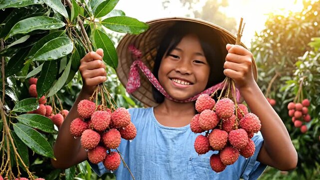 Happy Asian child in conical hat holding lychees in orchard