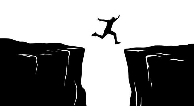Man jumping between two cliffs.