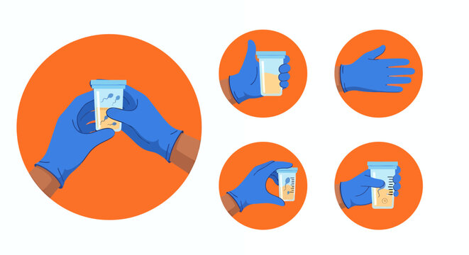 Set of blue hand gesture icons on orange circular backgrounds illustrating communication and agreement.