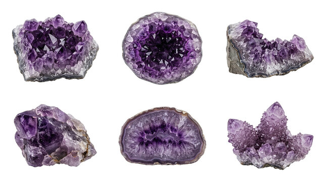 Six amethyst geode and crystal specimens with purple druzy interiors and rough gray-brown exteriors displayed on a transparent background