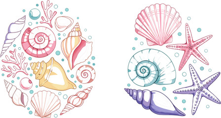 Fototapeta premium Colorful Sea Shell Starfish and Coral Collection Set with Nautilus Scallop and Ocean Element for Marine Beach Design