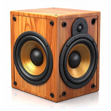 A wooden, cube-shaped speaker with two woofers and a tweeter