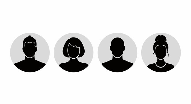 Group of four silhouetted figures in circular avatars displayed in a row.