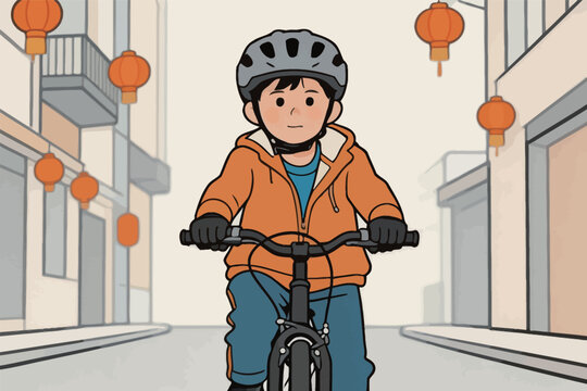 Child rides bicycle on empty street with lanterns hanging at dusk in a city