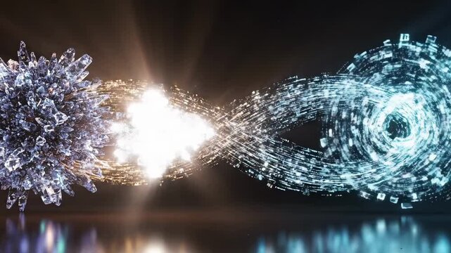 Vibrant particles collide and swirl in a dynamic digital scene with light and motion