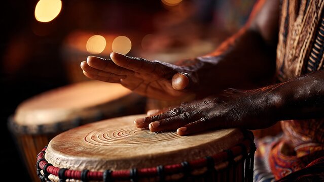 close up of hands playing traditional djembe drum for world africa day celebration