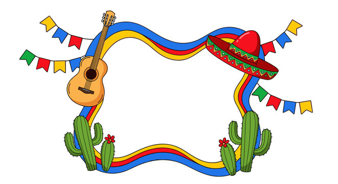 Vibrant mexican fiesta frame with guitar sombrero and cacti decorated with colorful bunting flags for celebration