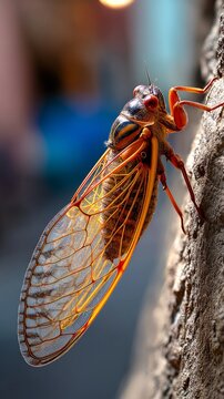 Close-up of a cicada on a tree trunk