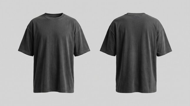 Front and back view of a blank charcoal black oversized t-shirt mockup with a vintage washed texture, isolated on a light grey background.