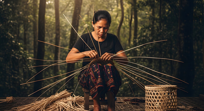 A focused artisan sits outdoors surrounded by trees weaving long natural bamboo fibers into a round container