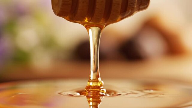 Golden honey dripping from honeycomb.