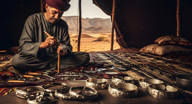 A man sitting cross legged inside a desert shelter working on silver bracelets with specialized engraving tools
