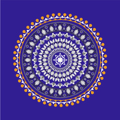 Obraz premium royal blue mandala pattern featuring intricate white spiritual motifs and golden accents for sacred meditation decor.